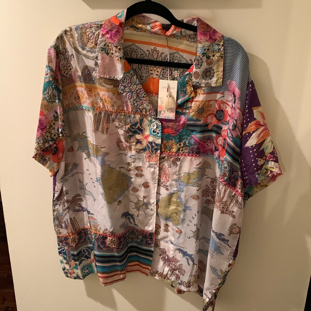 Johnny Was Silk Blouse Logan Jules Button Up Size XL Multicolor